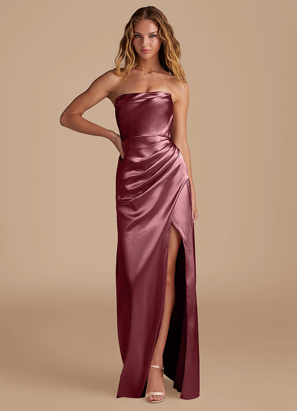 Azazie Leonis Bridesmaid Dresses Desert Rose Mermaid Pleated Metallic Satin Convertible Dress image1