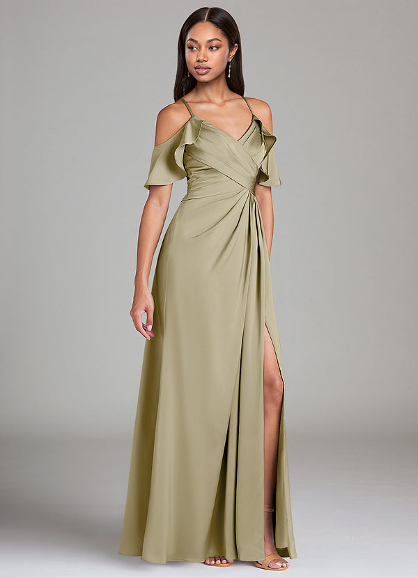 Azazie Dakota Bridesmaid Dresses Moss Green A-Line Off the Shoulder Stretch Satin Dress image1