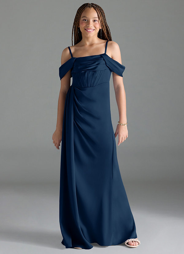 Azazie Amyra Junior Dark Navy Sheath Off the Shoulder Stretch Satin Dress image1
