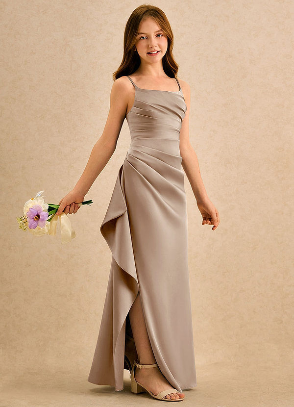 Azazie Cannoli Girls Formal Vestidos de Niña de Flores Vestido de Gris Pardo de Satén Elástico de Corte en A con Plisado image1