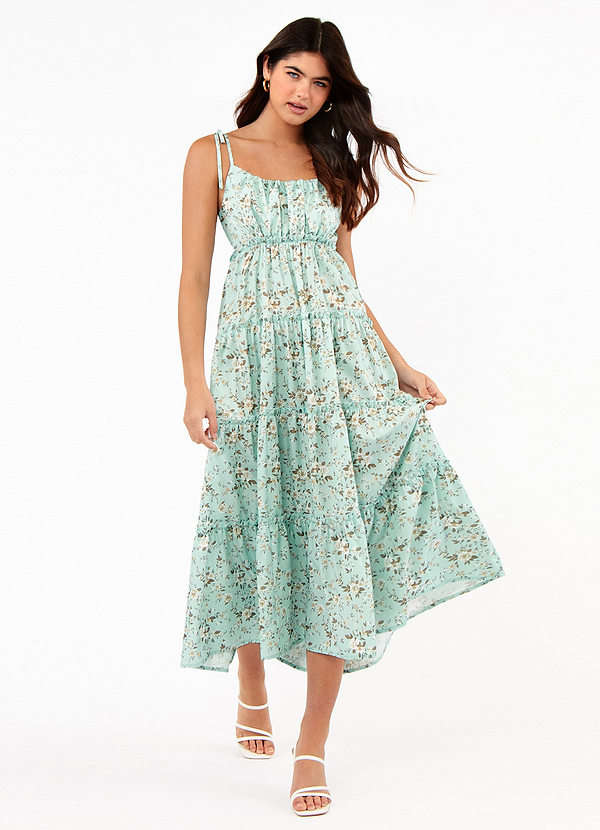 Light Green Gazelle Light Green Floral Print Tiered Midi Dress Dresses ...