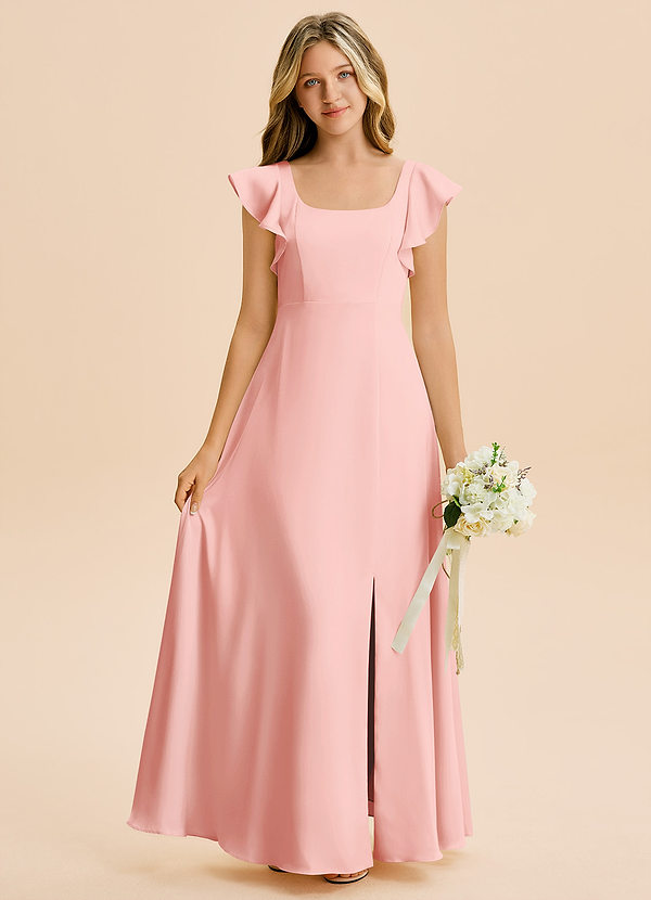 Azazie Bondi Junior Powder Pink A-Line Side Slit Stretch Satin Dress image1
