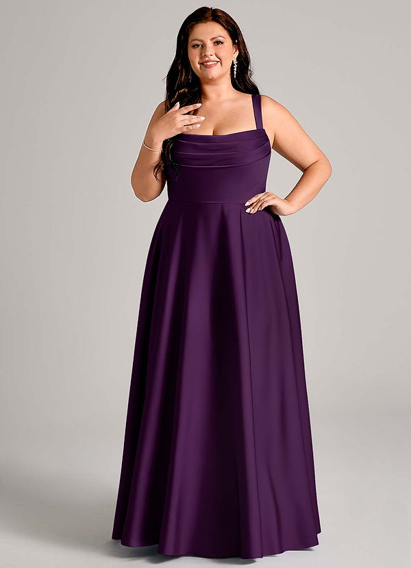 Azazie Shaude Bridesmaid Dresses Grape A-Line Pleated Stretch Satin Dress image1