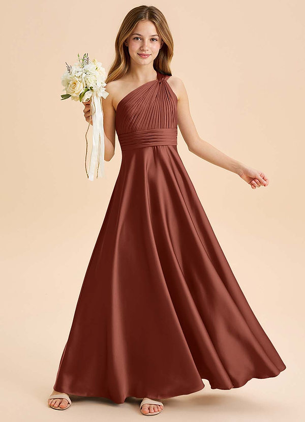 Azazie Charlize Junior Abito A-Line in Raso Elasticizzato Plissettato Auburn image1