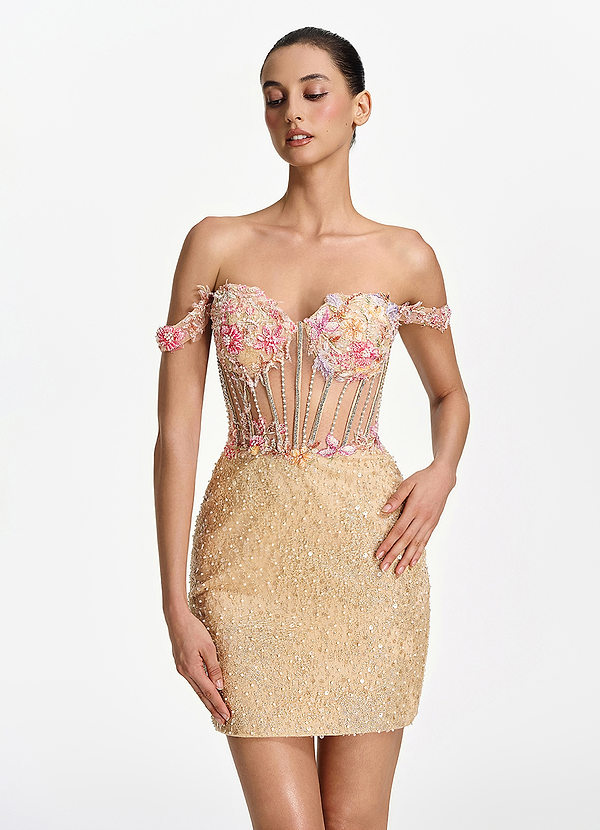 Elowenora Champagne Robe mini en tulle ornée de perles 3D, strass et broderies à sequins, avec corset et sequins. image1