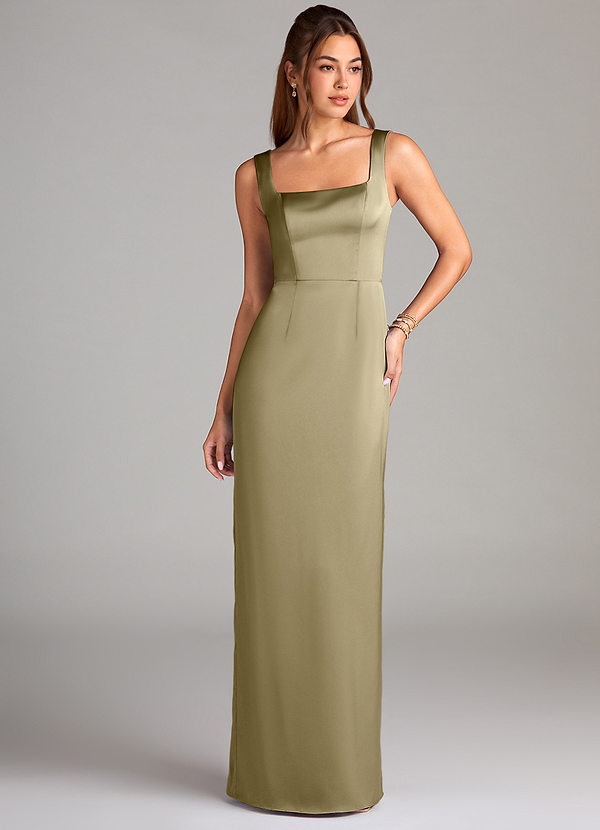 Azazie Flori Bridesmaid Dresses Moss Green Sheath Side Slit Stretch Satin Dress image1