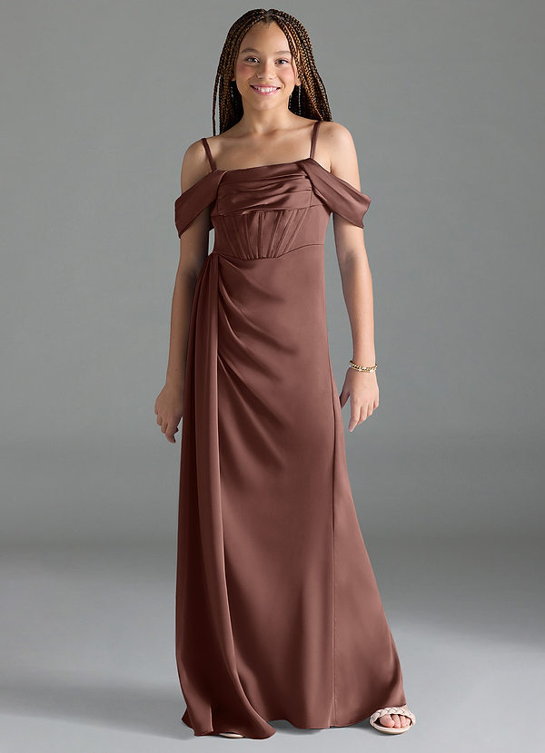 Azazie Amyra Junior Espresso Sheath Off the Shoulder Stretch Satin Dress image1
