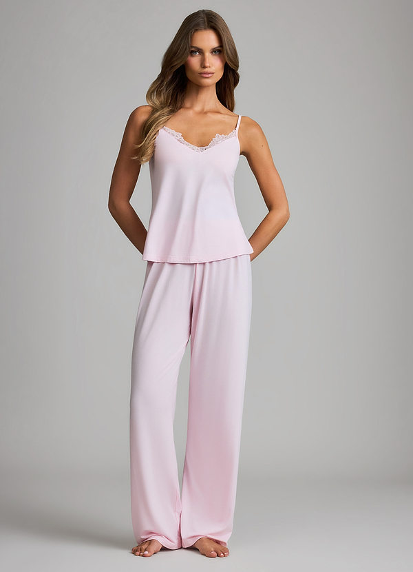 front Transparentes Rosa Pyjama-Set aus weichem Rayon-Top mit Spitzenbesatz und weit geschnittener Hose