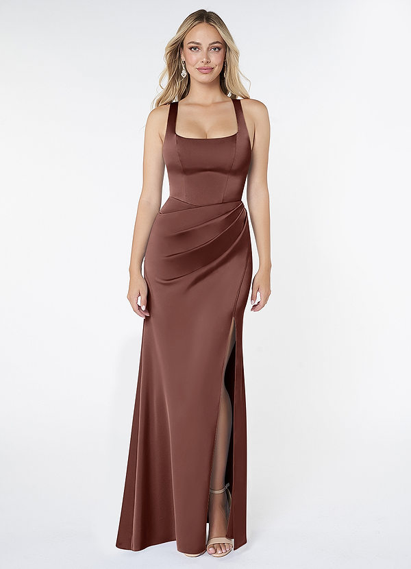 Azazie Mero Bridesmaid Dresses Espresso Sheath Pleated Stretch Satin Dress image1