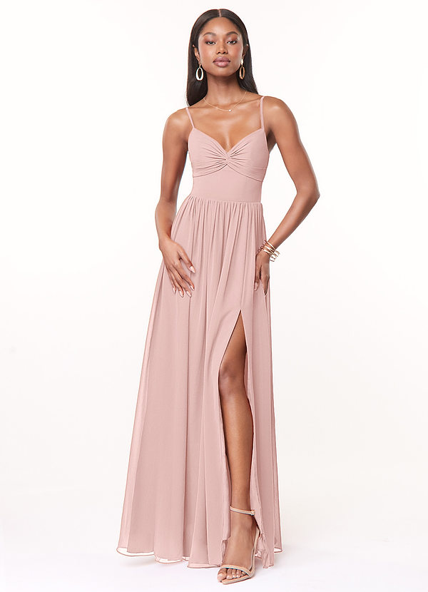 Azazie Zeya Bridesmaid Dresses Powder Pink A-Line V-Neck Pleated Chiffon Dress image1