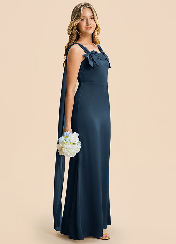 Azazie Chelsea Junior Dark Navy Sheath Pleated Stretch Satin Dress image1