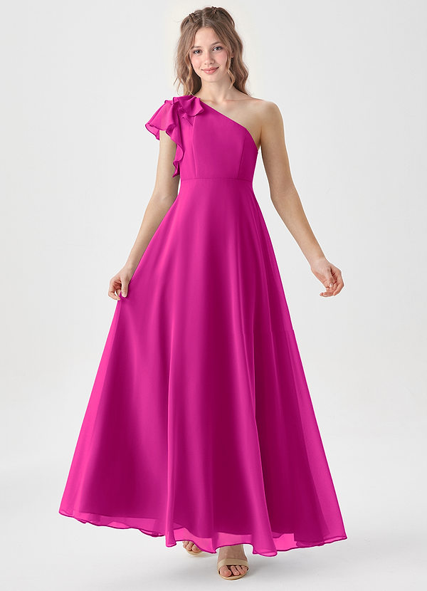 Azazie Arabella Junior Robe Trapèze en Mousseline de soie Rayé Fuchsia image1