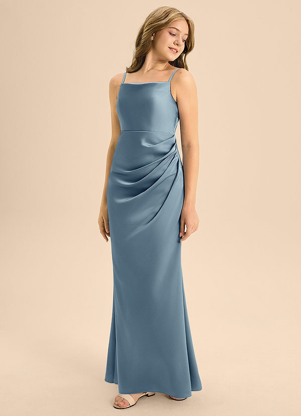 Azazie Renna Junior Robe Trapèze en Satin extensible Plissée Bleu Poussiéreux image1