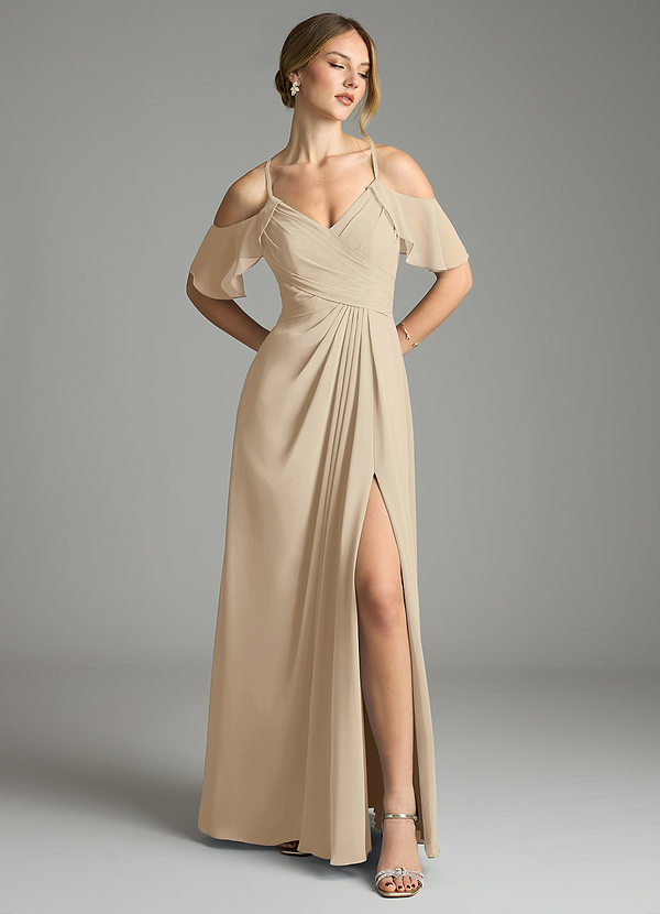 Azazie Dakota Bridesmaid Dresses Champagne A-Line V-Neck Pleated Chiffon Dress image1