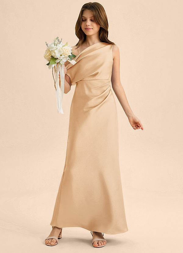 Azazie Emerson Junior Robe Fourreau en Satin extensible Épaule décolletée Or image1