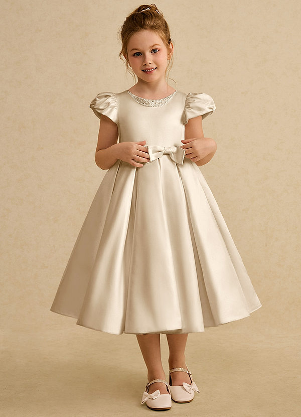 Azazie Pearl Robes de Fillette d'Honneur Robe Princesse en Mat Satiné Plissée Champagne image1