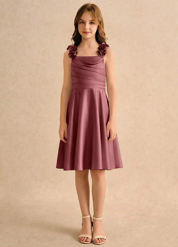 Azazie Resa Girls Formal Blomsterpigekjoler A-Line Plisseret Mat satin Knælængde Kjole image1