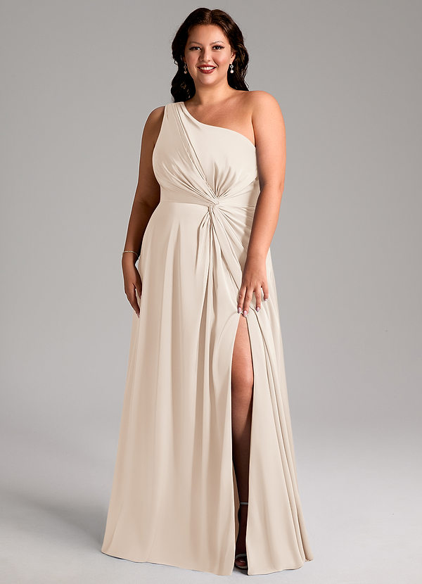 Azazie Brooke Bridesmaid Dresses White Alabaster A-Line One Shoulder Stretch Satin Dress image1