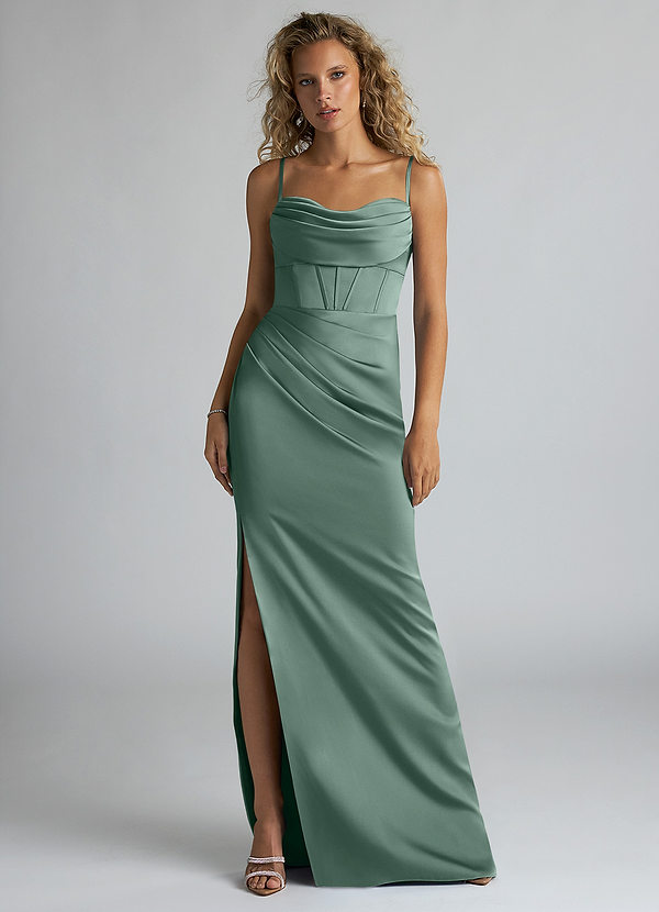 Azazie Mai Bridesmaid Dresses Eucalyptus Sheath Pleated Stretch Satin Dress image1