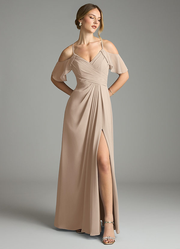 Azazie Dakota Bridesmaid Dresses Taupe A-Line V-Neck Pleated Chiffon Dress image1