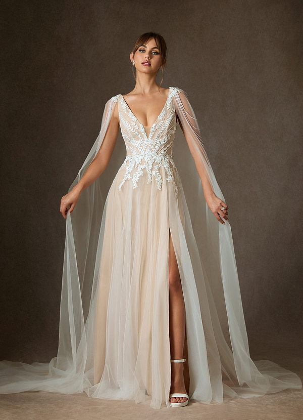 Azazie Goddess Wedding Dresses Diamond White Champagne A-Line V-Neck Sequins Tulle Dress image1