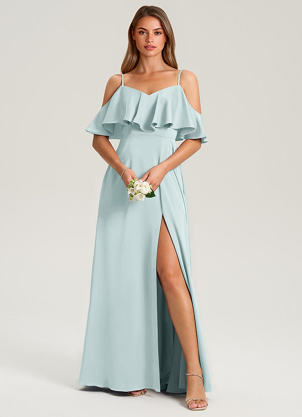 Azazie Jean Bridesmaid Dresses Mist A-Line Off the Shoulder Stretch Satin Dress image1