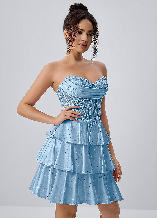Maude Hemelsblauw Strapless mini-jurk van satijn met bloemenkant en korset, gelaagd model image1