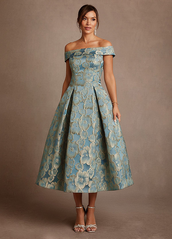 Azazie Centralia 신부의 어머니 드레스 A라인 오프 더 숄더 플로럴 자카드 발레리나 길이 드레스 image1