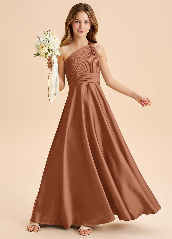 Azazie Charlize Junior Abito A-Line in Raso Elasticizzato Plissettato Bronzo image1
