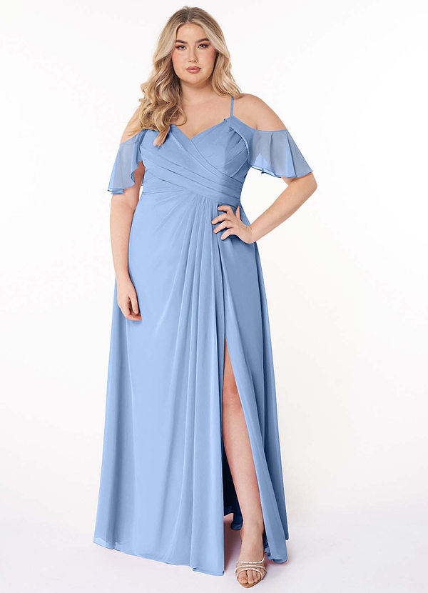 Azazie Dakota Vestidos Dama de Honor Vestido de Azul Acero de Gasa de Corte en A con Cuello en V plisado image1