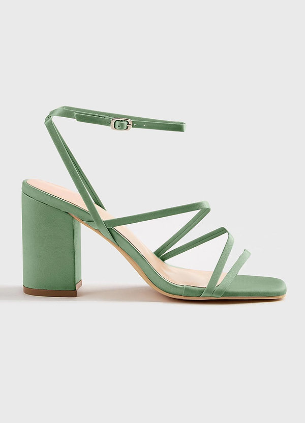 front Matching Color Matte Satin Ankle Strap Block Heel Sandals