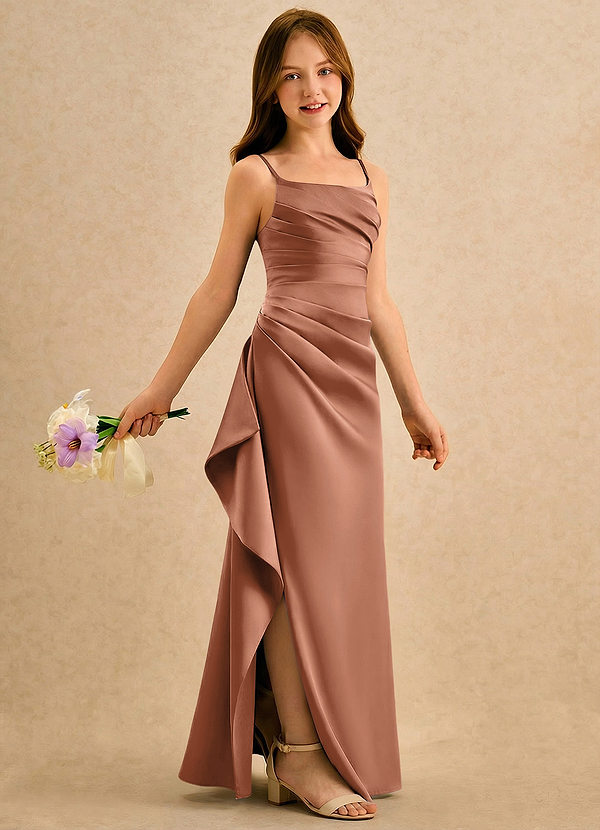 Azazie Cannoli Girls Formal Sukienki dla dziewczynek sypiących kwiaty Linia A Pofałdowany Matowy satynowy Długość podłogi Sukienka image1