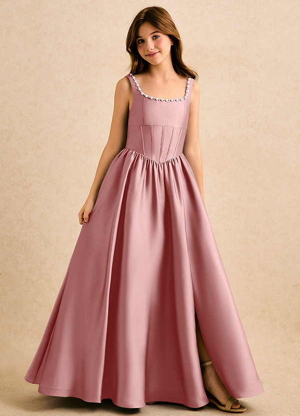 Azazie Enid Girls Formal Vestidos de arras Vestido de Rosa Polvorienta de Satén Elástico de Corte en A con Perla image1