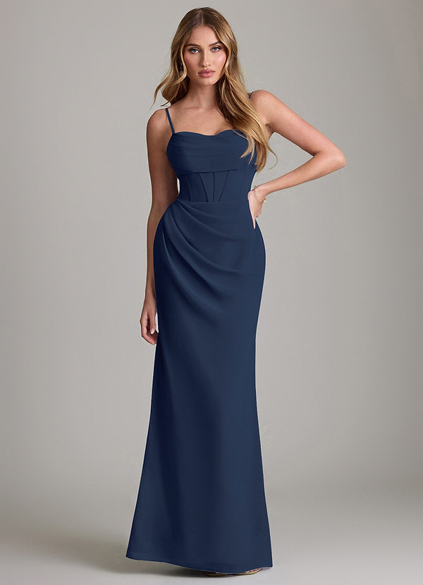 Azazie Mai Bridesmaid Dresses Dark Navy Sheath Pleated Chiffon Dress image1