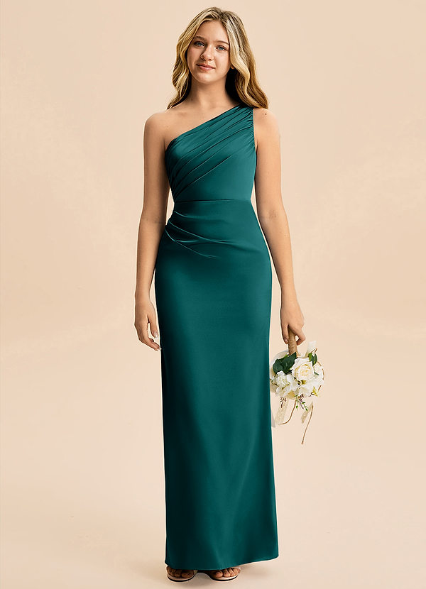 Azazie Akilah Junior Skede Plisseret Stræk satin Gulv-længde Junior brudepige Kjole image1