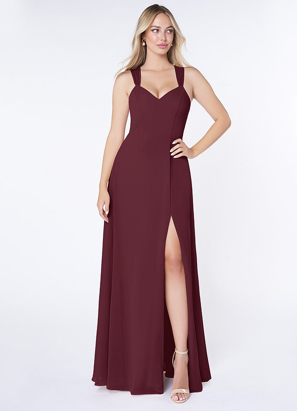 Azazie Jane Vestidos Dama de Honor Vestido de Cabernet de Gasa de Corte en A con Cuello en V plisado image1