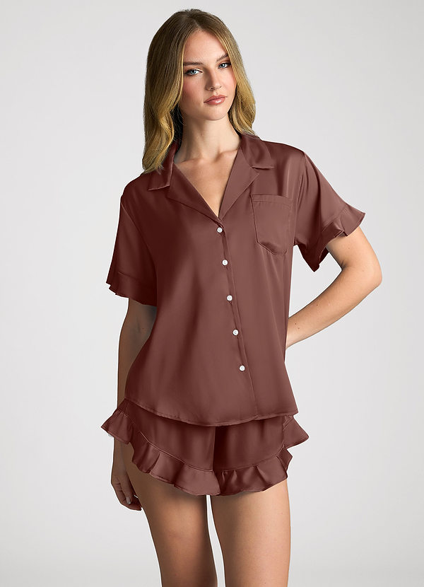 front Espresso Matching Color Ruffled Short Sleeve Pajama Set