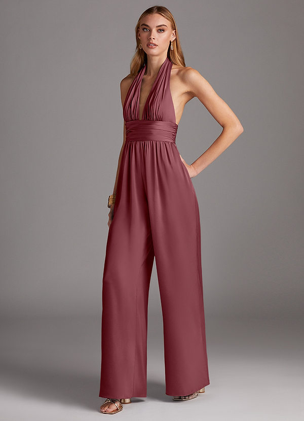 Azazie Oli Robes Demoiselle d'honneur Combinaison en Satin extensible Plissée Rose Du Désert image1
