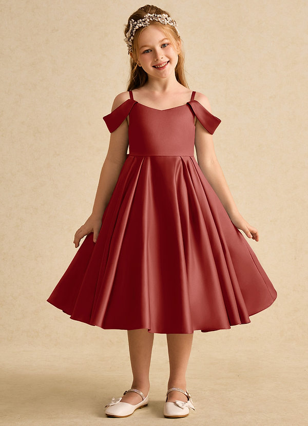 Azazie Favia Flower Girl Dresses Terracotta A-Line Off the Shoulder Matte Satin Dress image1