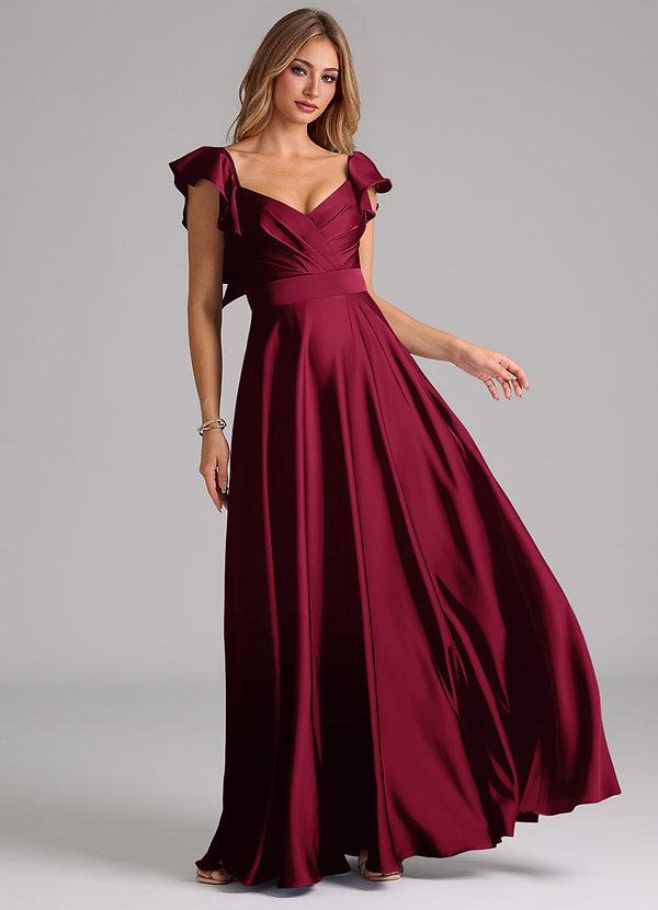 Azazie Leilani Bridesmaid Dresses Burgundy A-Line Ruched Stretch Satin Dress image1