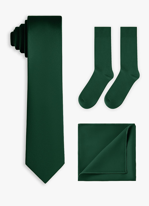 front Set coordinato di cravatta sottile in raso elasticizzato, fazzoletto da taschino e calzini