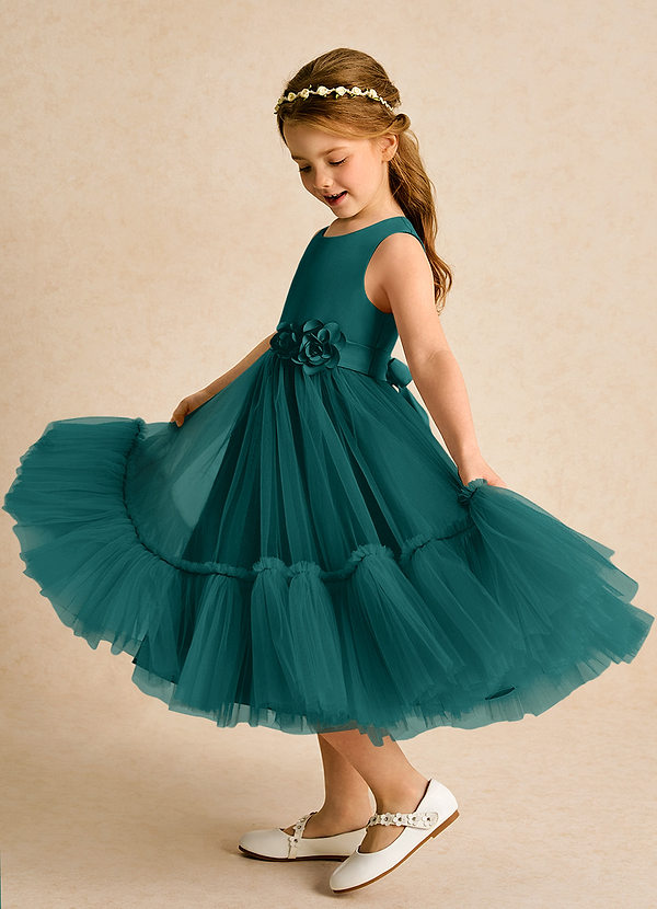 Azazie Miracle Flower Girl Dresses Peacock A-Line Bow Matte Satin Dress image1