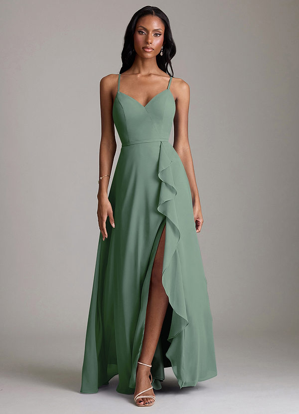 Azazie Naeem Bridesmaid Dresses Eucalyptus A-Line V-Neck Ruffle Chiffon Dress image1