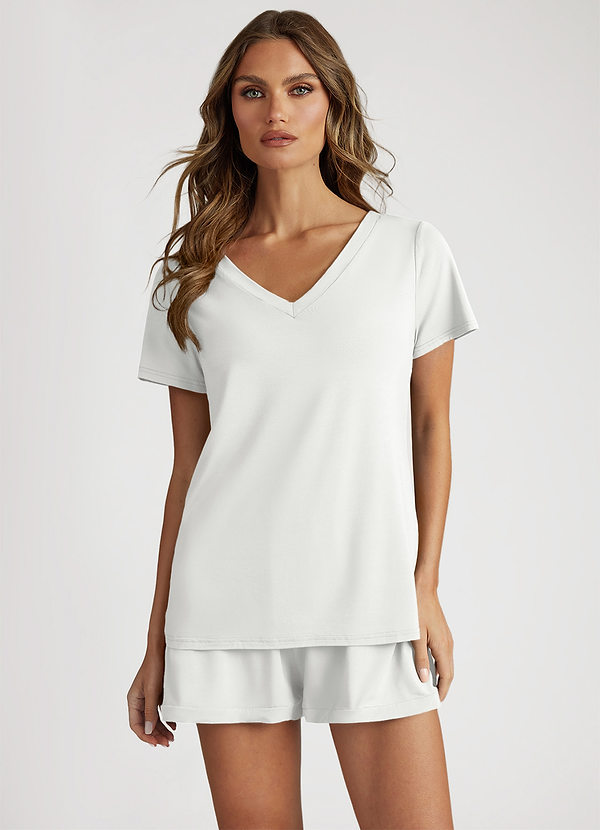 front Biały Bamboo Fiber V-Neck T-Shirt and Shorts Pajama Set