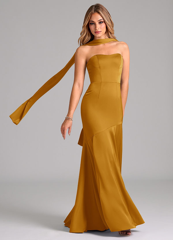 Azazie Shiloh Robes Demoiselle d'honneur Robe Sirène Convertible en Satin extensible Sans bretelle Caramel écossais image1