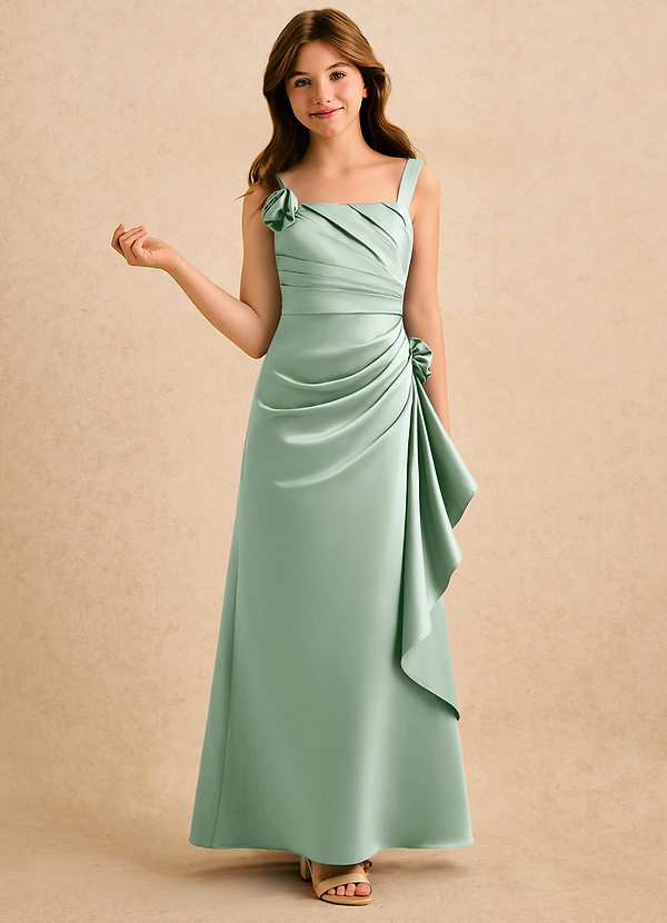 Azazie Ciara Girls Formal Bloemenmeisjes Jurken A-Lijn Jurk van Mat Satijn Geplooid Agave image1