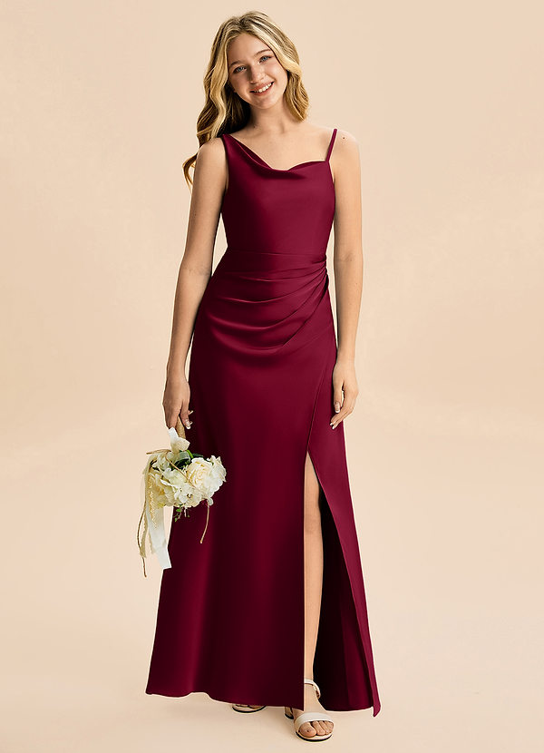 Azazie Abby Junior Burgundy Sheath Pleated Stretch Satin Dress image1