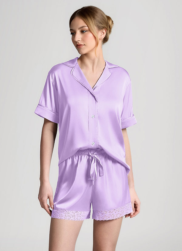front Lila Pyjamasset med kort ärm och satinspetskant