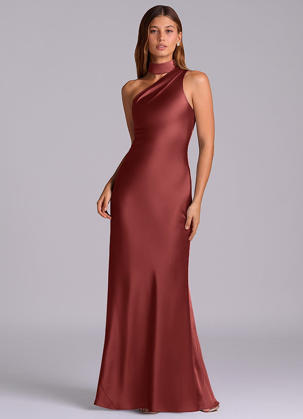 Azazie Seona Vestidos de Dama de Honor Vestido Terracota de Cetim elástico de sereia com Ombro Único image1