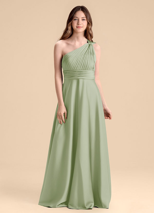 Azazie Charlize Junior Jurk van Stretch Satijn met A-Lijn Geplooid Stoffige Salie image1